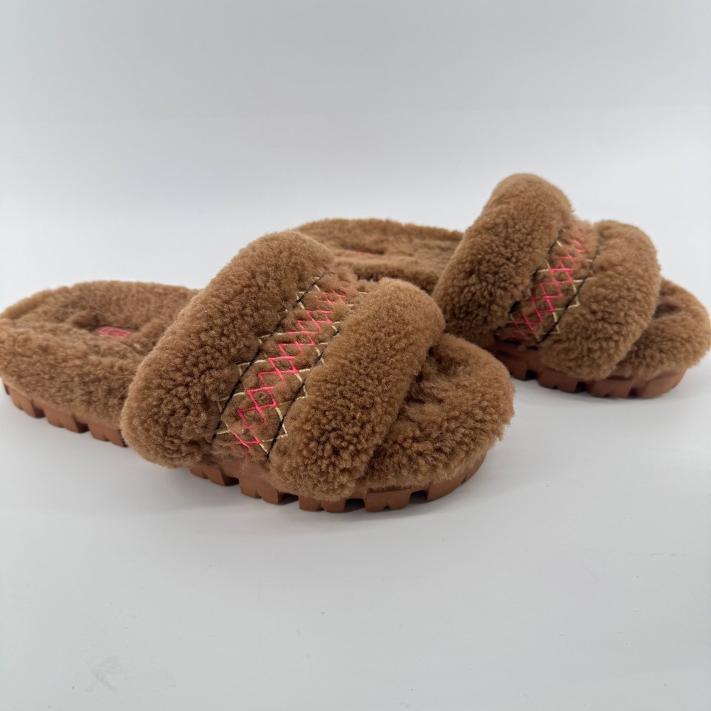 UGG Cozetta Curly Braid Slides Womens 8 Chestnut Brown Pink Shearling Sandals